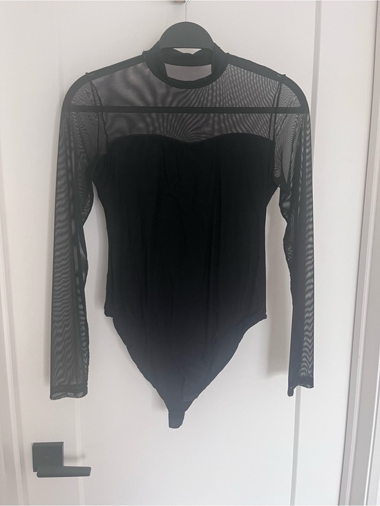 Tops - Black Sheer Mesh Long-Sleeve Bodysuit